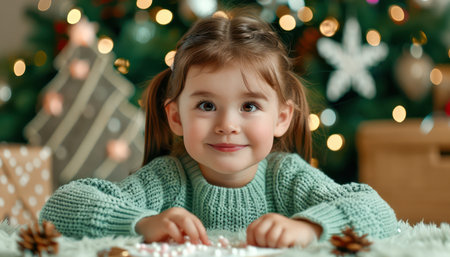 A little girl beams with joy as she creates festive Christmas crafts amidst a winter wonderland backdrop This heartwarming image captures the magic of holiday traditions, showcasing easy and fun DIY activities for kids of all ages AI Generativeの素材