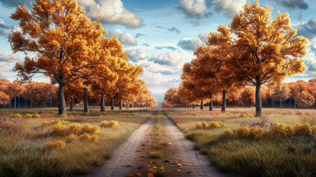 A serene landscape unfolds with a dusty road winding through a vibrant autumn orchard Golden leaves paint the trees in breathtaking hues, their branches reaching towards the sky Sunlight filters through the canopy, casting warm light upon the path A sense of tranquility and beauty pervades this picturesque scene AI Generativeの素材