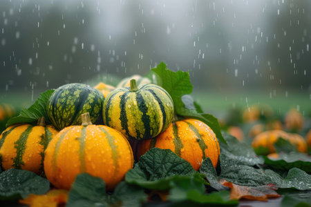 A vibrant display of autumn harvest graces a rural setting A colorful assortment of squash, pumpkins, and gourds are nestled amidst stunning fall foliage, creating a picturesque scene The warm hues of the season paint a breathtaking backdrop for this abundant harvest AI Generativeの素材