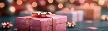 Capture the magic of Christmas with this enchanting image featuring beautifully wrapped gifts adorned with shimmering bows and festive tags The scene radiates warmth and joy, evoking the spirit of giving and the anticipation of the holiday season Perfect for your festive designs and projects AI Generativeの素材