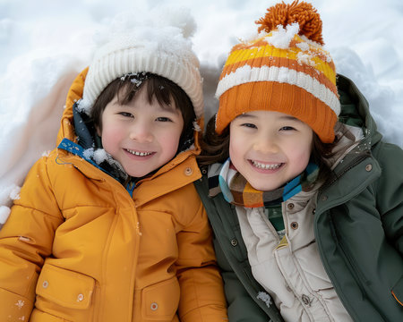 Two children, bundled in warm winter gear, gleefully make snow angels in a fresh blanket of snow Laughter fills the air as they spread their arms and legs, creating perfect snowy imprints The scene captures the pure joy and innocence of childhood during the winter holidays AI Generativeの素材