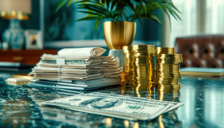 A clean, modern business desk with a stack of paper receipts, representing financial transactions and growth  A laptop and other tools suggest active work, while the organized clutter symbolizes accumulating assets and success  A powerful image for business, finance, and entrepreneurship AI Generativeの素材