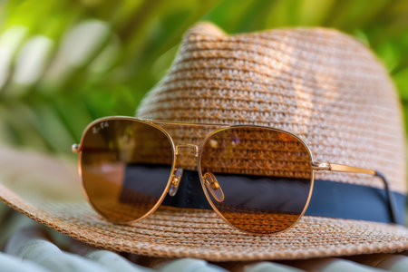 A close-up shot of stylish sunglasses and a summer straw hat, the perfect beach essentials for a sunny day The sunglasses are sleek and modern, while the hat is wide-brimmed and effortlessly chic  The image evokes a sense of relaxation and carefree fun, perfect for capturing the spirit of summer AI Generativeの素材