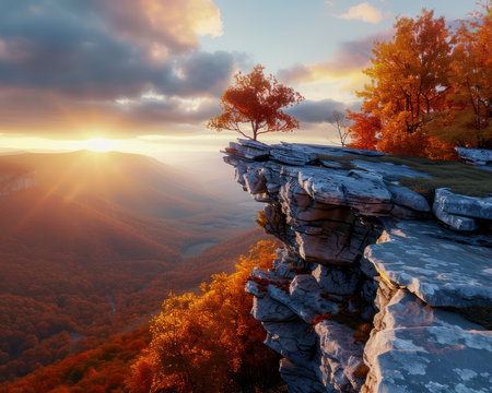 A breathtaking autumn sunset paints the sky with vibrant hues, casting a golden glow over majestic mountains Lush foliage bursts with fiery reds, oranges, and yellows, creating a picturesque landscape perfect for a fall getaway Capture the beauty of nature&#39;s vibrant palette in this stunning image AI Generativeの素材