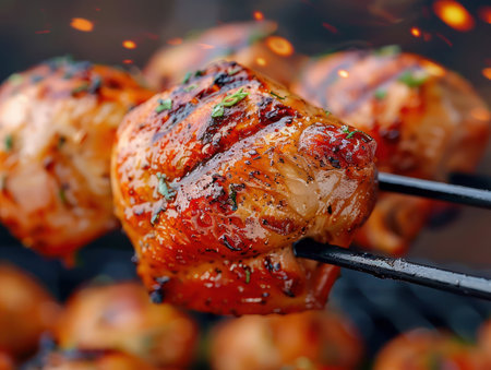 A close-up shot of a succulent, roasted turkey thigh, glistening with juices The golden-brown skin is perfectly crisp, promising tender, flavorful meat A perfect centerpiece for your Thanksgiving feast, this image evokes warmth, abundance, and the joy of holiday gatherings AI Generativeの素材