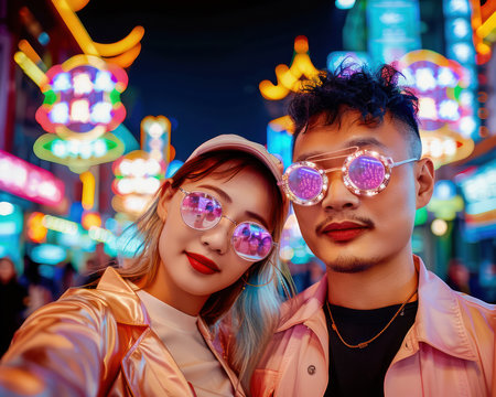 A young couple beams for a selfie in the vibrant heart of Bangkok&#39;s Yaowarat Road Neon signs illuminate the bustling Chinatown street, showcasing the city&#39;s vibrant nightlife Their playful pose captures the energy and excitement of modern tourism in this historic district AI Generativeの素材