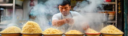A Bangkok street vendor expertly stirs a steaming pot of Pad Thai, the iconic Thai dish, on Yaowarat Road, Chinatown The swirling noodles and billowing steam create a captivating scene of culinary magic amidst the vibrant energy of this bustling street A must-try for any visitor to Thailand AI Generativeの素材
