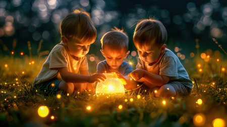 Children&#39;s eyes sparkle with wonder as they chase fireflies in the twilight A magical summer night unfolds with giggling laughter and flickering lights, creating a precious moment of joy and innocence These fleeting memories of childhood summers will forever hold a special place in their hearts AI Generativeの素材