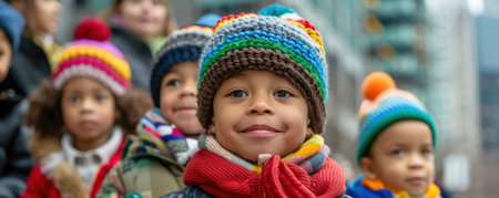 A magical winter wonderland unfolds as children&#39;s eyes sparkle with delight at the holiday parade Festive lights, colorful floats, and joyous music create an atmosphere of pure excitement Young faces beam with wonder as they witness the festive spectacle This heartwarming image captures the essence of childhood joy during the AI Generativeの素材
