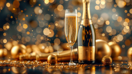 Elevate your New Year's Eve celebration with an elegant table setting Sparkling wine bottles and glasses, festive decorations, and golden lights create a luxurious ambiance for a memorable toast at midnight Capture the joy and anticipation of the new year with this picture-perfect scene AI Generativeの素材