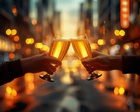 A vibrant image capturing the joyous spirit of New Year's Eve Family and friends raise a toast under a dazzling cityscape, their laughter echoing in the air Sparkling lights illuminate the celebratory scene, capturing the magic of a new year's beginning Perfect for adding a touch of festivity to your AI Generativeの素材