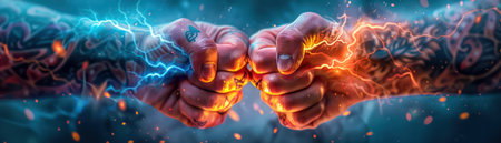 Two fists collide in a clash of elemental forces One fist, adorned with a fiery blaze, represents raw rock star power The other, bearing a lightning bolt tattoo, embodies electric energy This captivating image captures the intense energy of a battle between opposing forces AI Generativeの素材