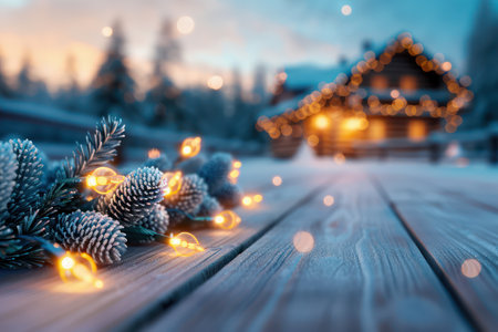 Escape to a winter wonderland! This cozy cabin is decked out for the holidays with warm lights, festive decor, and a magical atmosphere Perfect for a romantic getaway or family gathering, it offers the ultimate cozy escape Find inspiration for your own winter holiday decor with this charming cabin scene AI Generativeの素材