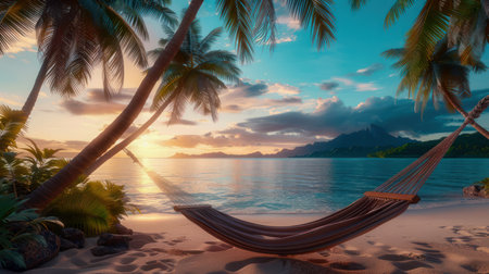 Escape to paradise with this idyllic image of a couple relaxing in hammocks beneath swaying palm trees on a pristine tropical beach Bathed in the golden glow of a breathtaking sunset, they embody the ultimate summer vacation bliss AI Generativeの素材
