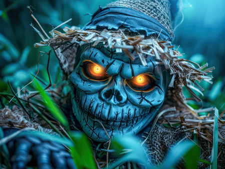 This creepy scarecrow, with its glowing eyes, is the perfect haunting addition to your Halloween decor Its eerie presence will send shivers down your guests' spines Made for indoor or outdoor use, this scarecrow is sure to make your Halloween celebration unforgettable AI Generativeの素材