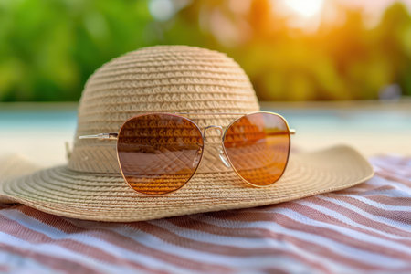 A close-up of stylish summer essentials: sleek sunglasses and a sun hat, resting on a vibrant beach towel  These accessories embody both style and sun protection, perfect for a relaxing and carefree beach day  Capture the essence of summer with this image, ideal for travel, fashion, and lifestyle projects AI Generativeの素材