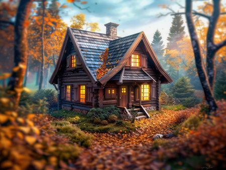 Escape to a charming log cabin nestled amidst vibrant autumn foliage Golden leaves dance in warm, inviting light as nature paints a picturesque backdrop for a relaxing getaway Immerse yourself in the tranquility of the forest, where every breath is a moment of peace AI Generativeの素材
