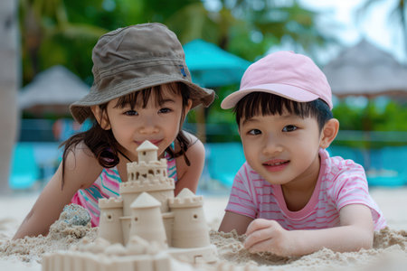 A heartwarming scene of children building sandcastles on a sunny beach Their laughter and playful expressions capture the essence of a joyful summer vacation This photo embodies the spirit of family togetherness and the lasting memories created during carefree days by the sea AI Generativeの素材