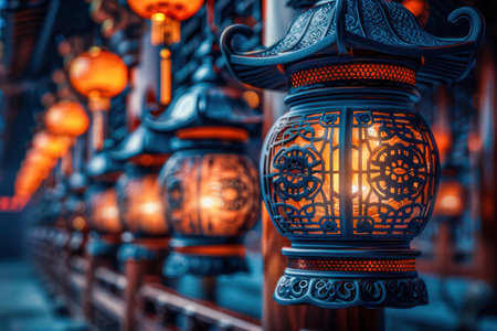 A vibrant close-up of handcrafted Chinese lanterns adorning Yaowarat Road in Bangkok The intricate designs and colorful hues of these traditional lanterns illuminate the bustling street, creating a festive atmosphere  The image captures the beauty and craftsmanship of Thai cultural heritage AI Generativeの素材