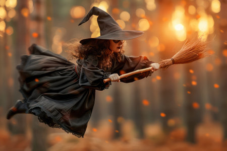 A classic witch soars through a mystical forest on her broomstick, silhouetted against a moonlit sky This enchanting image evokes the spirit of Halloween, perfect for decorating, autumnal displays, and spooky celebrations AI Generativeの素材