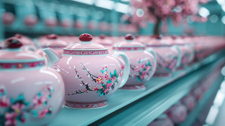 A close-up shot of exquisite porcelain tea sets displayed in Yaowarat Road, Bangkok The delicate craftsmanship showcases the beauty of Chinese tradition, with intricate patterns and vibrant colors The scene embodies the rich tea culture of Thailand and the influence of Chinese artistry AI Generativeの素材