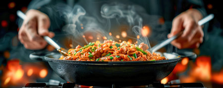 A chef expertly stir-fries in a large wok on Yaowarat Road, Bangkok&#39;s bustling street food haven The sizzling wok, fragrant spices, and lively crowd create a sensory feast Experience the authentic flavors of Thai cuisine in this vibrant street food scene AI Generativeの素材