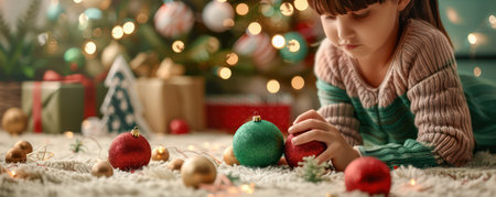 A precious child beams with delight as they play amidst a dazzling array of Christmas ornaments under the twinkling tree Festive lights and the magic of the season fill the air, creating a joyful scene of New Year's Eve celebration This heartwarming image captures the pure joy and wonder of AI Generativeの素材