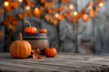 A rustic barn setting radiates cozy fall charm Warm string lights illuminate a weathered table adorned with pumpkins and gourds The scene is perfect for autumn decor inspiration, evoking warmth, comfort, and the spirit of the season AI Generativeの素材