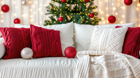 Create a warm and inviting Christmas atmosphere with cozy living room decor This image showcases the perfect blend of festive touches, including plush throw blankets, decorative pillows, and twinkling lights, creating a welcoming space for holiday gatherings AI Generativeの素材
