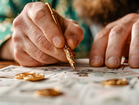 A close-up reveals the hands of an investor meticulously analyzing foreign earnings and account statements  Focused intently on the financial data, they seek insights to guide investment decisions, prioritizing international growth and financial strategy  The image captures the meticulousness and dedication required for successful global investing AI Generativeの素材