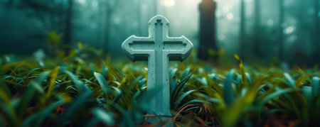 A haunting image of a weathered cross silhouetted against a dense fog in a gothic graveyard The atmosphere is thick with mystery and eerie sound effects Gravestones loom in the distance, creating an air of spookiness This photo captures the essence of Halloween with its dark and moody setting, shadowed AI Generativeの素材
