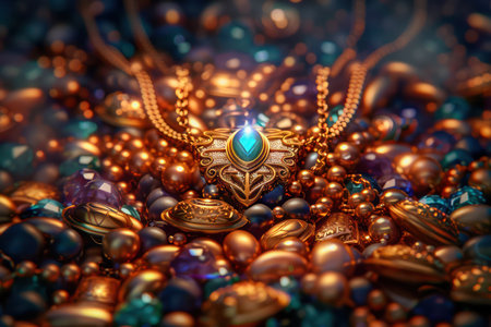 A dazzling digital artwork depicting a treasure trove hidden within a mountain cave Glittering gold coins, shimmering jewels, and a captivating necklace with a vibrant teal gemstone create a scene of opulence perfect for fantasy, adventure, and treasure themes AI Generativeの素材