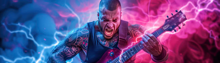 A digital illustration bursting with rock energy A dynamic electric guitarist, their passion palpable, with a lightning bolt tattoo prominently displayed Bold colors and energetic lines create a visual representation of the electrifying power of rock music AI Generativeの素材