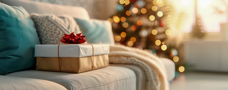 Embrace the cozy charm of winter holidays with this inviting scene A plush sofa, draped in soft blankets, beckons relaxation A beautifully wrapped gift rests on the cushions, hinting at festive cheer Warm lighting and rustic decor create a welcoming atmosphere, perfect for a cozy night in AI Generativeの素材