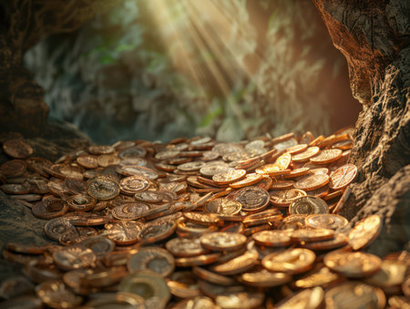 A daring adventurer stands triumphantly within a hidden cave, illuminated by the glow of ancient treasure The cave is filled with glittering foreign coins, a testament to the explorer's daring discovery The scene evokes a sense of adventure, discovery, and the allure of lost riches AI Generativeの素材
