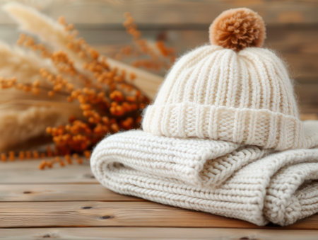 A warm and cozy winter essential set featuring a soft knit beanie and scarf Perfect for snuggling up on cold days, this set will keep you feeling warm and comfortable The neutral colors and classic design make it a versatile piece for any winter outfit Shop now and stay cozy AI Generativeの素材