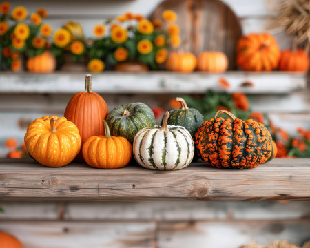 A rustic barn nestled in fall foliage, overflowing with vibrant pumpkins and gourds Cozy autumn vibes are amplified with warm lighting and charming details Perfect for adding a touch of seasonal charm to your home d cor or crafting projects AI Generativeの素材