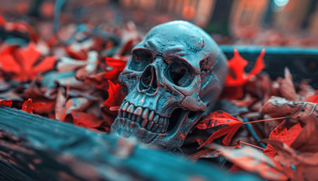 This spooky Halloween decoration features a skeletal skull emerging from a grave, surrounded by autumn leaves Perfect for creating a chilling atmosphere in your yard or haunted house This realistic prop is ideal for Halloween parties, spooky yard decor, and adding a touch of fright to your Halloween celebrations AI Generativeの素材