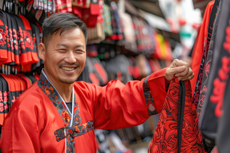 Discover the Vibrant World of Traditional Chinese Clothing at Yaowarat Road, Bangkok&#39;s Chinatown - Explore Unique Fashion and Cultural Heritage in This Bustling Market AI Generativeの素材