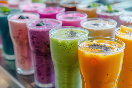 A vibrant collection of summer smoothies bursting with fresh fruit and vegetables Each smoothie features a unique blend of colors and flavors, creating a healthy and refreshing treat Perfect for a quick breakfast, post-workout recovery, or simply a delicious way to stay hydrated on hot days AI Generativeの素材