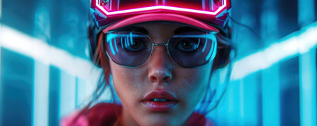 A futuristic rockstar, bathed in neon light, rocks a glowing helmet and laser beams This digital art captures the cyberpunk aesthetic, blending synthwave vibes with sci-fi fashion and a neon-drenched world A powerful image for cyberpunk music, concerts, and the future of entertainment AI Generativeの素材