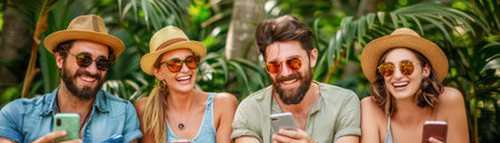 A vibrant image of carefree tourists soaking up the sun in a tropical paradise Laughter and joy fill the air as they embrace the vibrant culture and stunning scenery From turquoise waters to lush greenery, this photo captures the essence of a perfect holiday escape AI Generativeの素材
