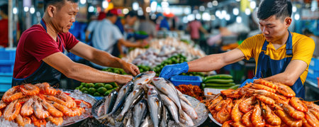 Immerse yourself in the vibrant night market scene of Yaowarat Road, Bangkok's Chinatown Explore the bustling Fresh Seafood Market, where fresh catches abound and vendors showcase delectable Thai cuisine This culinary adventure offers an authentic taste of Bangkok's vibrant food culture AI Generativeの素材