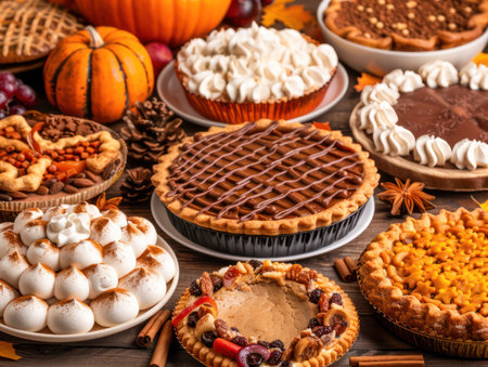 A Thanksgiving Feast for the Eyes This captivating image showcases a table laden with an array of delectable fall desserts, perfect for a Thanksgiving feast From classic pumpkin pie to decadent chocolate cake, each dessert is artfully presented, inviting guests to indulge in the sweet symphony of flavors The AI Generativeの素材