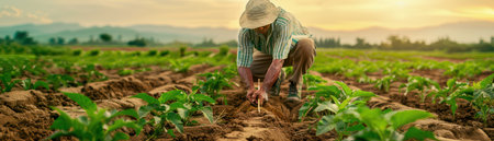 A hardworking farmer beams with pride as he harvests a bountiful crop of golden wheat, a testament to his dedication and the fertile soil The lush green field symbolizes the beauty and importance of sustainable farming practices, ensuring food security and a thriving rural economy AI Generativeの素材