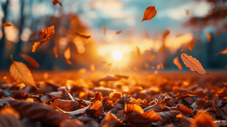 Capture the essence of autumn with this breathtaking photograph Golden leaves dance in the warm glow of the setting sun, creating a captivating scene The refined colors and elegant composition evoke a sense of tranquility and beauty A perfect representation of nature&#39;s masterpiece in full autumn glory AI Generativeの素材