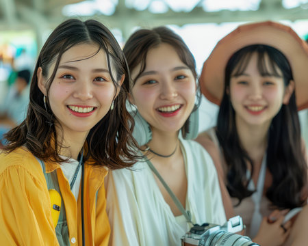 A vibrant group of friends embraces adventure, exploring iconic landmarks, engaging in thrilling activities, and creating lasting memories on a fun-filled getaway Laughter echoes through the air as they navigate exciting experiences, leaving behind a trail of joy and shared moments AI Generativeの素材