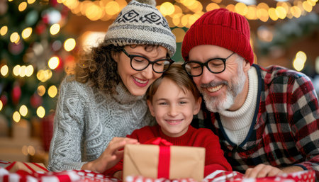 A cozy winter scene captures a family wrapped in the joy of Christmas Parents and child share laughter as they wrap gifts, surrounded by festive decorations, twinkling lights, and a Christmas tree The warmth and spirit of the holiday season are palpable in this heartwarming moment of togetherness AI Generativeの素材