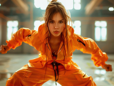 A female rockstar commands the stage in a powerful dance move, her orange hooded jumpsuit a vibrant splash against the industrial backdrop The energy is palpable, her brown eyes blazing with passion as she channels the rhythm of the music The spotlight captures her fierce attitude and confident style, making AI Generativeの素材