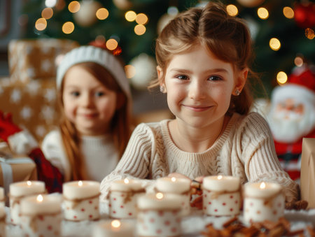 A festive and fun Christmas countdown calendar idea! Children create their own advent candles, adding a personal touch to the holiday season The photo shows kids engaged in a creative activity, with colorful candles and festive decorations This image captures the joy and anticipation of Christmas, making it perfect for AI Generativeの素材